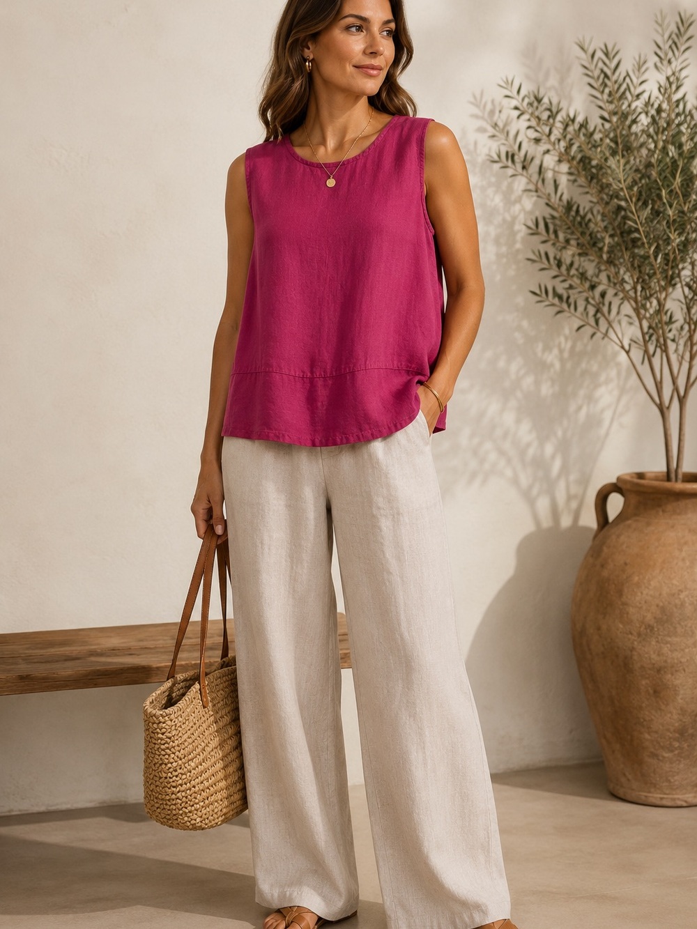 Bryn Walker 100% Linen Fuchsia Pink Sleeveless Swing Top M Lagenlook Relaxed *‎
